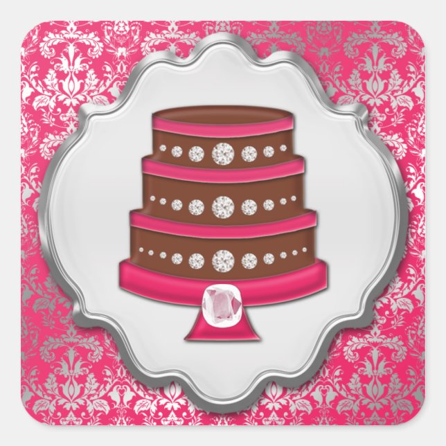 Sticker Carré Couture au gâteau rose chaud Damask Carré Étiquett (Devant)