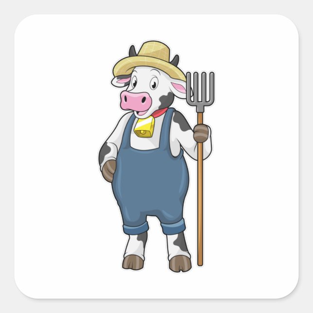 Sticker Carré Cow as Farmer with Pitchfork (Devant)