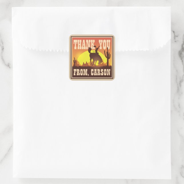 Sticker Carré Cowboy Anniversaire Rodeo, Wild West Merci Favoris (Sac)
