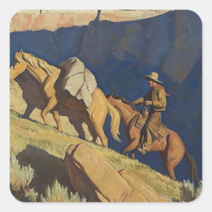 Sticker Carré « Cowboy et cheval de bât » par Maynard Dixon