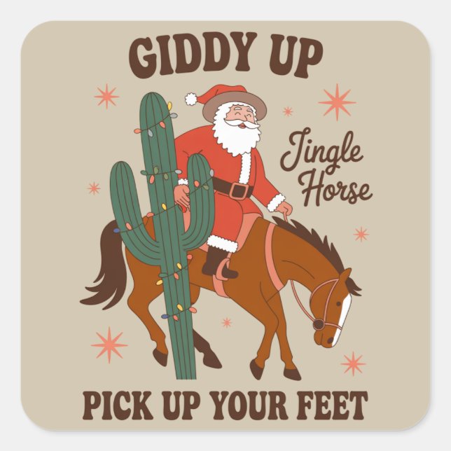 Sticker Carré Cowboy Giddy Up Jingle Horse Ramasse Vos Pieds (Devant)