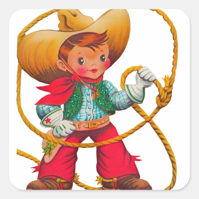 Sticker Carré Cowboy Retro Boy Child Cute Western (Devant)