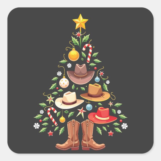 Sticker Carré Cowboy Western Christmas Tree Père Noël (Devant)