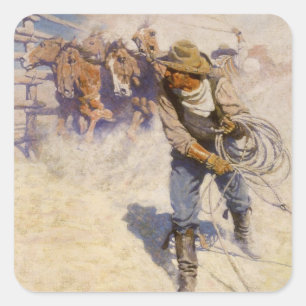 Sticker Carré Cowboys occidentaux vintages, dans le corral par