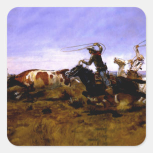 Sticker Carré "Cowboys Roping a Steer" par Charles M Russell