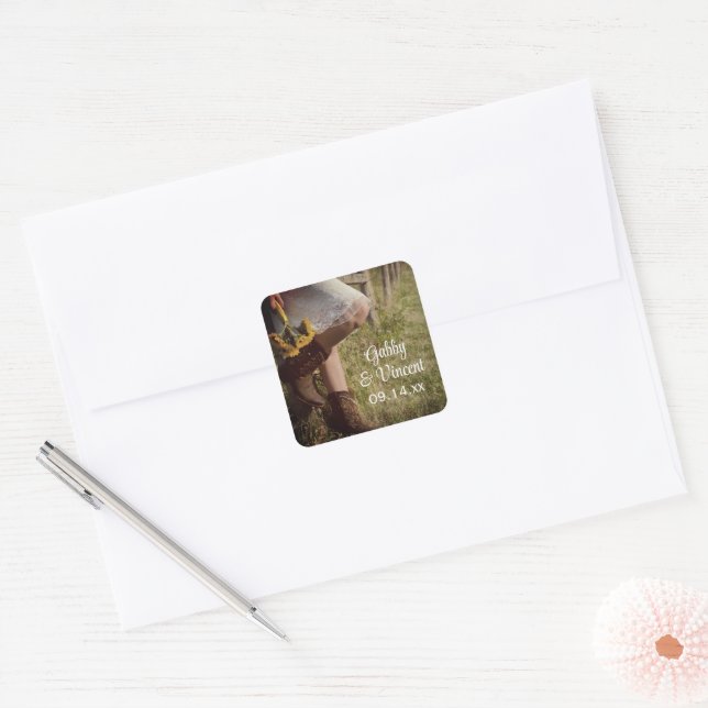 Sticker Carré Cowgirl and Sunflowers Pays Mariage occidental (Enveloppe)