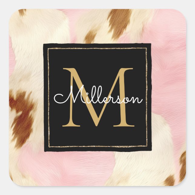 Sticker Carré Cowgirl Crème rose Brown Cowhide Or Monogramme (Devant)