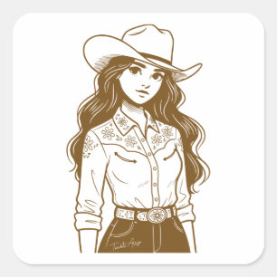 Sticker Carré Cowgirl Esthétique Western Art Linéaire