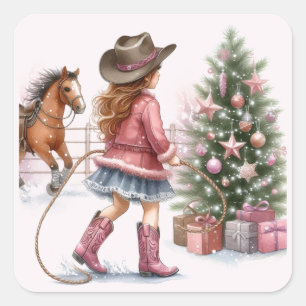 Sticker Carré Cowgirl rose lançant le lasso sur Noël