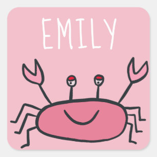 Sticker Carré Crabe rose mignon Animaux de la mer Nom de la fill