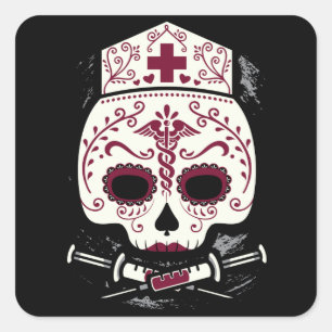 Sticker Carré Crâne à sucre infirmière