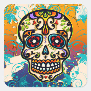 Sticker Carré Crâne à sucre mexicain, Jour des morts