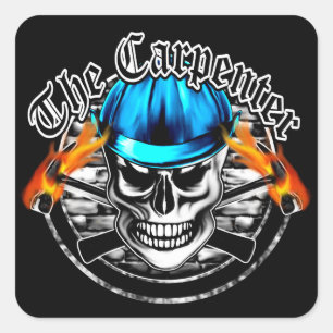 Sticker Carré Crâne de charpentier et casque antichoc bleu