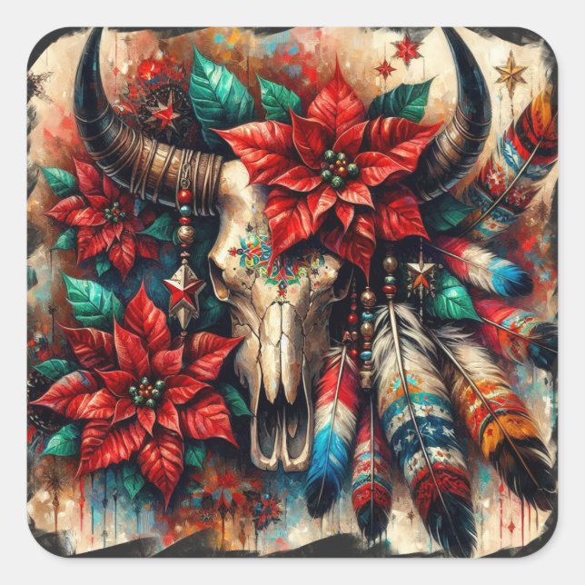 Sticker Carré Crâne de la vache de Noël Poinsettias plumes (Devant)