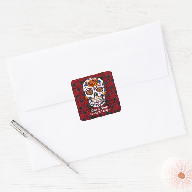 Sticker Carré Crâne de sucre Cinco de Mayo Nom floral rouge (Enveloppe)