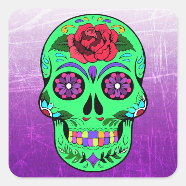 Sticker Carré Crâne de sucre Halloween Lime vert pourpre (Devant)