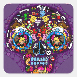 Sticker Carré Crâne de sucre Kawaii Doodle customisé