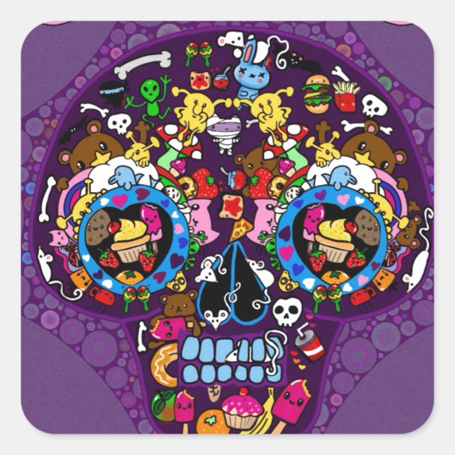 Sticker Carré Crâne de sucre Kawaii Doodle customisé (Devant)