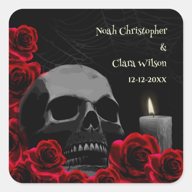 Sticker Carré Crâne éffrayant et roses rouges Mariage gothique d (Devant)