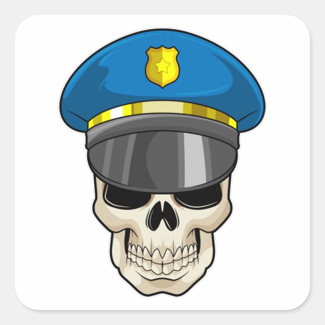 Sticker Carré Crâne en tant qu'officier de police avec casquette (Devant)