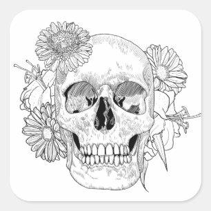 Sticker Carré Crâne Et Fleurs Inspiré