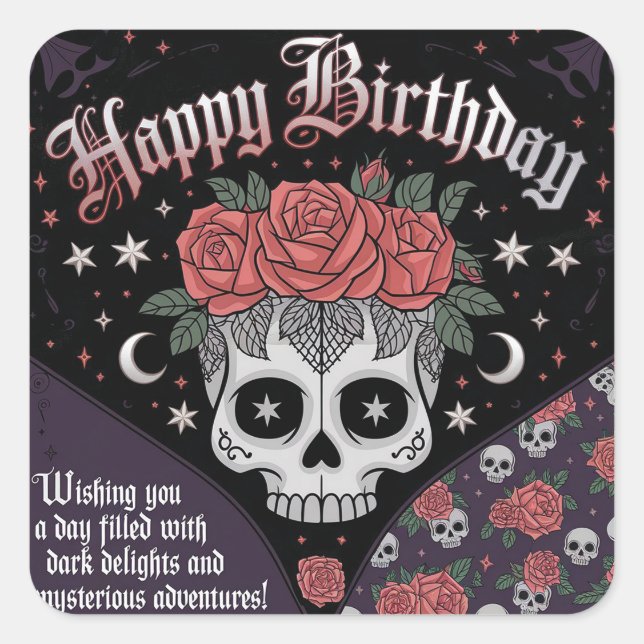 Sticker Carré Crâne gothique et carte d'anniversaire Rose (Devant)