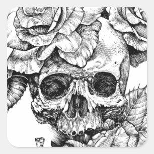 Sticker Carré Crâne humain et dessin à l'encre noire de roses