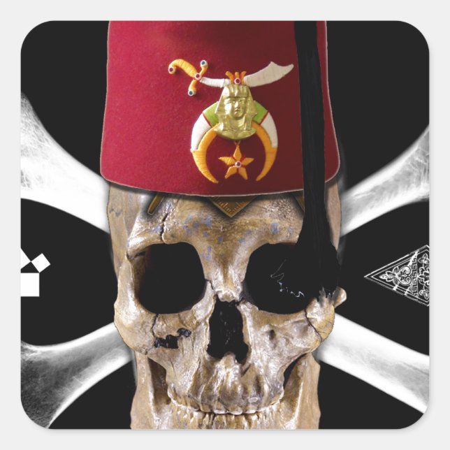 Sticker Carré Crâne maçonnique Shriner et os avec Fès (Devant)