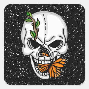 Sticker Carré Crâne noir et blanc avec papillon monarque