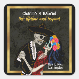 Sticker Carré Crânes à sucre Charro et Catrina Noir