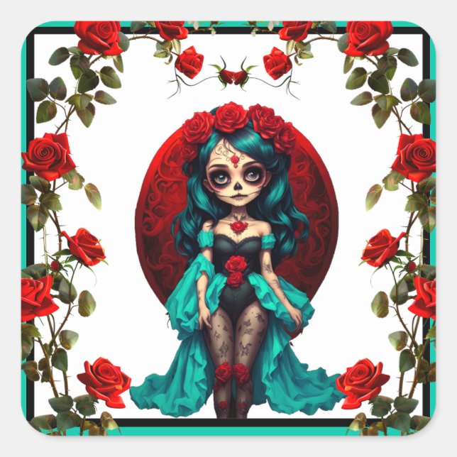 Sticker Carré Crânes à sucre de Roses turquoises et rouges (Devant)