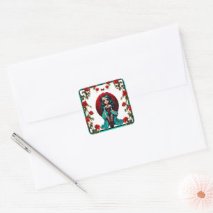 Sticker Carré Crânes à sucre de Roses turquoises et rouges