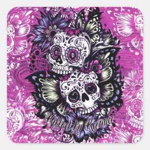 Sticker Carré Crânes de sucre de papillon sur la base en bois