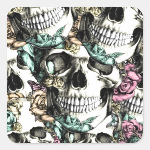 Sticker Carré Crânes roses de descente avec des papillons