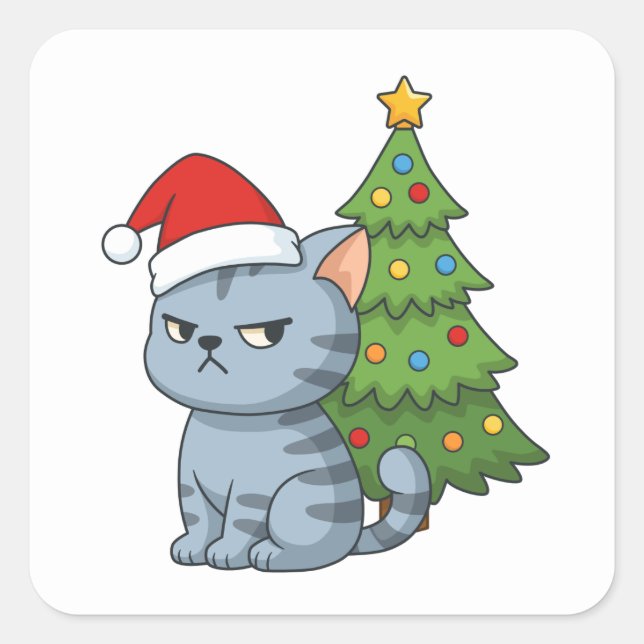 Sticker Carré Cranky Grey Tabby Cat Red Hat Christmas Tree (Devant)