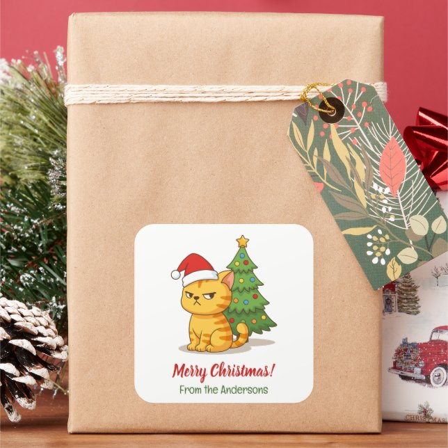 Sticker Carré Cranky Orange Tabby Cat Red Hat Christmas Tree (vacances)