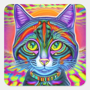 Sticker Carré Crazy Cool Eyed Mystical Coloré Chat