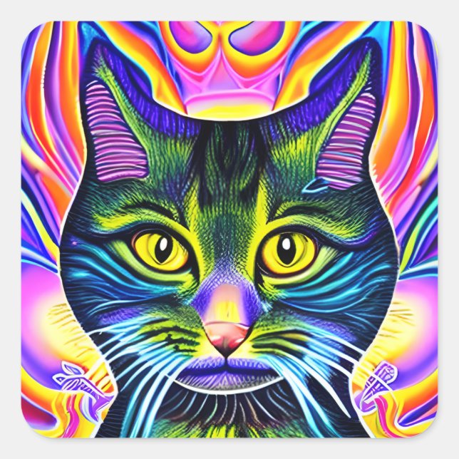 Sticker Carré Crazy Cool Eyed Spirituel Colorful Chat (Devant)