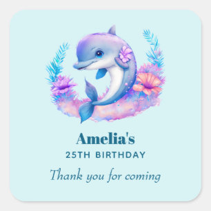Sticker Carré Créature Mer Dauphin Cute Anniversaire Merci