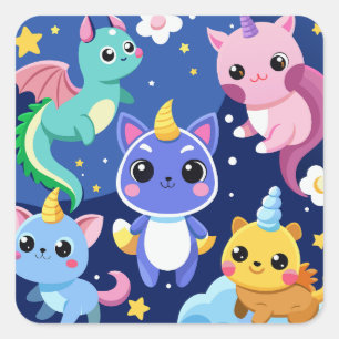 Sticker Carré Créatures de l'Imaginaire de Kawaii