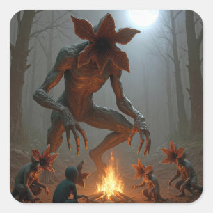 Sticker Carré Créatures Démogorgon autour d'un feu de camp