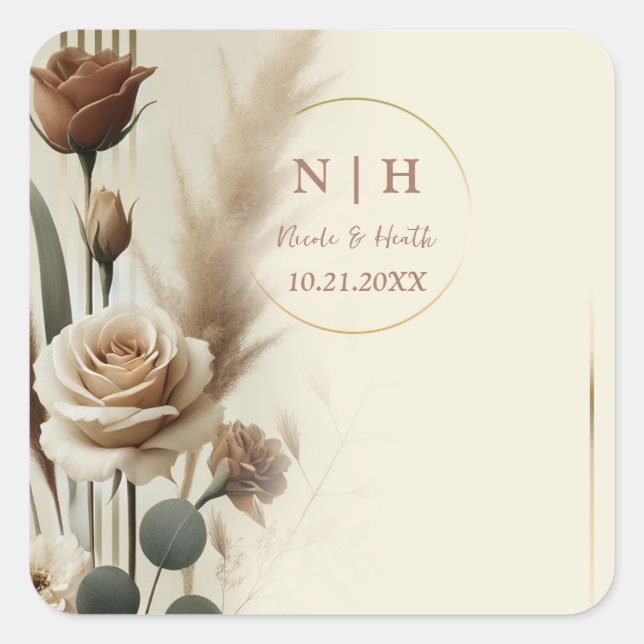 Sticker Carré Crème et Mocha Mariage floral Neutre géométrique (Devant)