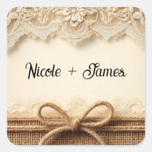 Sticker Carré Crème Floral en Dentelle Toile de Jute Rustique Ma