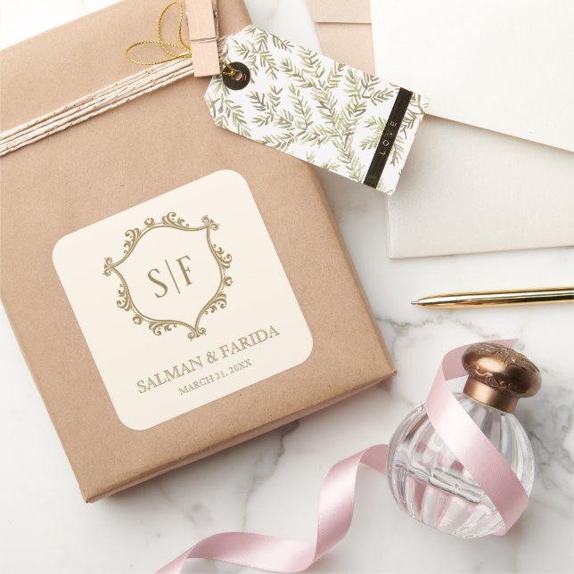 Sticker Carré Crème Gold Crest Monogramme Mariage Faveur (Cadeaux)