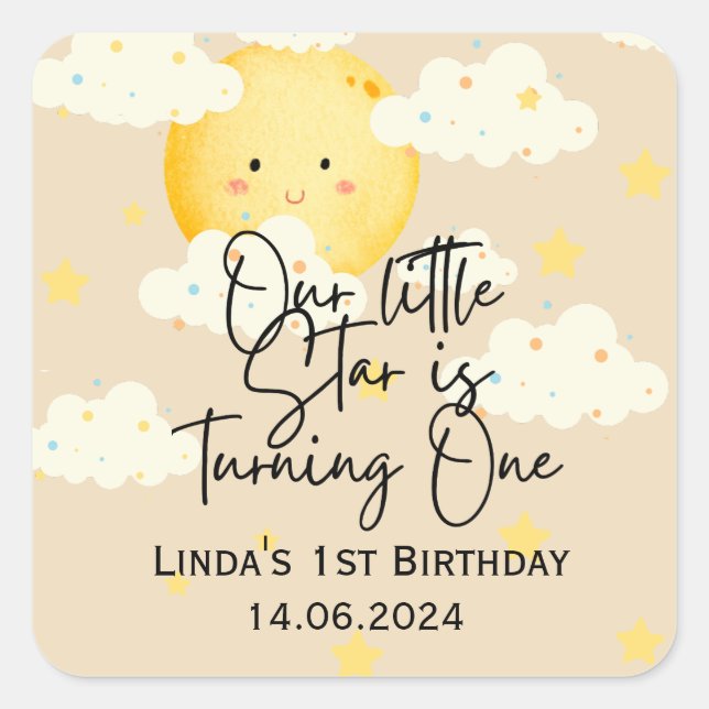 Sticker Carré Crème Lune et étoiles 1er anniversaire Merci (Devant)