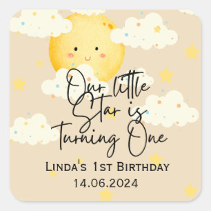 Sticker Carré Crème Lune et étoiles 1er anniversaire Merci