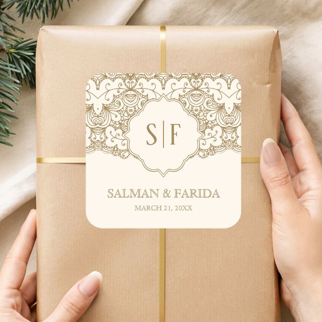 Sticker Carré Crème Or Dentelle Monogramme Mariage Faveur (Créateur téléchargé)