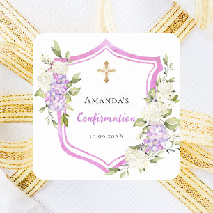 Sticker Carré Crest de confirmation fleurs violettes roses