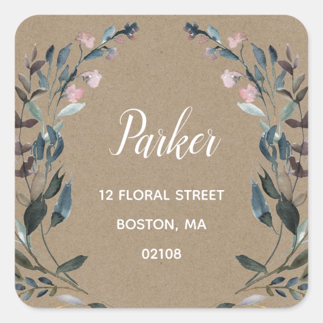 Sticker Carré Crest jardin | Rustic Kraft Floral Adresse de reto (Devant)