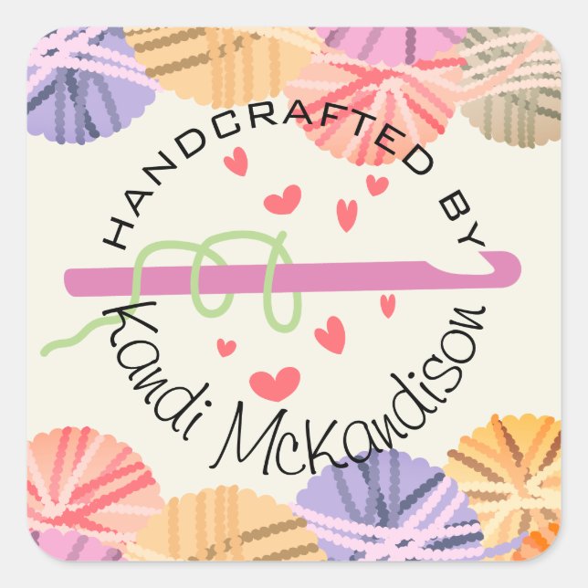 Sticker Carré Crochet crochet coeurs fil fait main avec amour (Devant)